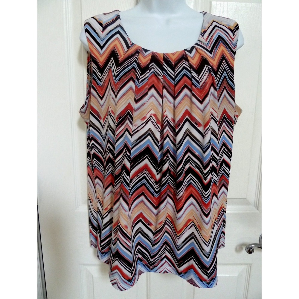 KASPER Sz L 12/14 Career Office Blouse Zig-Zag Lined Front Professional Colorful